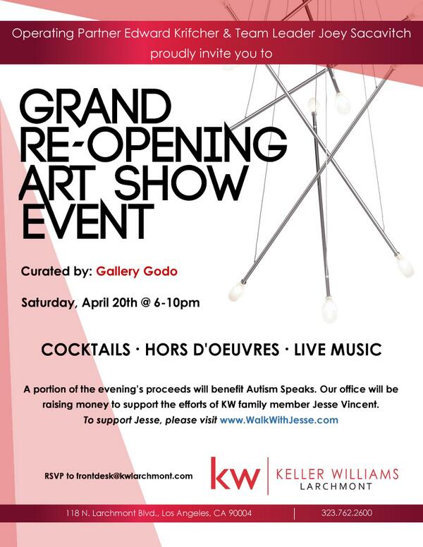 KWLarchmont's tweet photo. Don't miss our Grand Re-Opening Art Show event curated by @GalleryGodo Sat, 4/20! RSVP here: http://t.co/wOOcKVapGc http://t.co/idCDT8eNHr