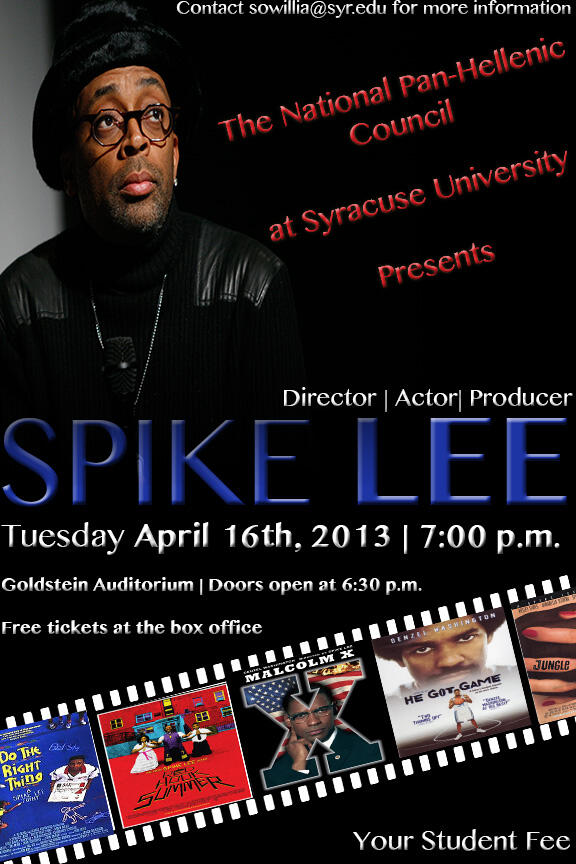 NPHCatSU's tweet photo. Spike Lee will be on campus April 16th @7pm in Goldstein Auditorium, Tickets to this event are FREE! See You There! http://t.co/tSfykstk92