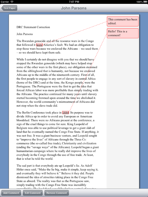 gradesolve's tweet image. Hawgrade's editor displaying comments in the iPad simulator.