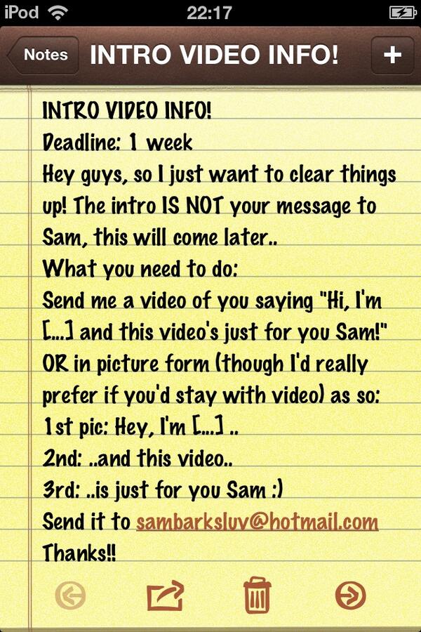 CanadaLuvsSamB's tweet image. Ok sprouts, here it goes: Deadline info for the intro video of my #SamProject !! :D Thanks!! RT please :) x