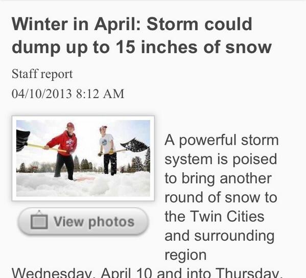 JAM_ica's tweet photo. Wtf Minnesota?!? 15in in April?!! I'm moving somewhere warm! http://t.co/APt1MprF9t