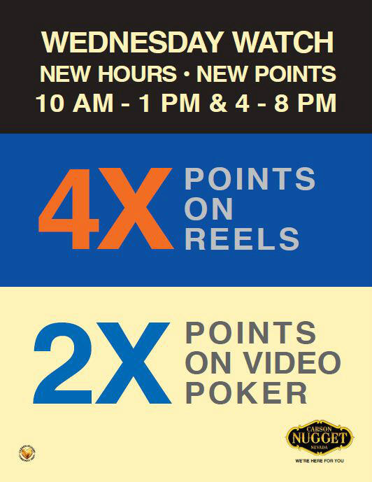 CarsonNugget's tweet image. Earn #morepoints today! 4x points on #Reels and 2x #points on #videopoker games!