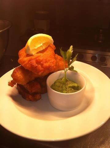 Eagle and Spur ale battered fish with thick homemade chips and minted mushy peas.
