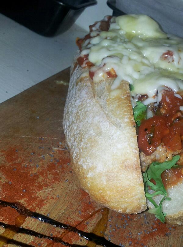 Meatball sub with tomatoes &amp; garlic sauce