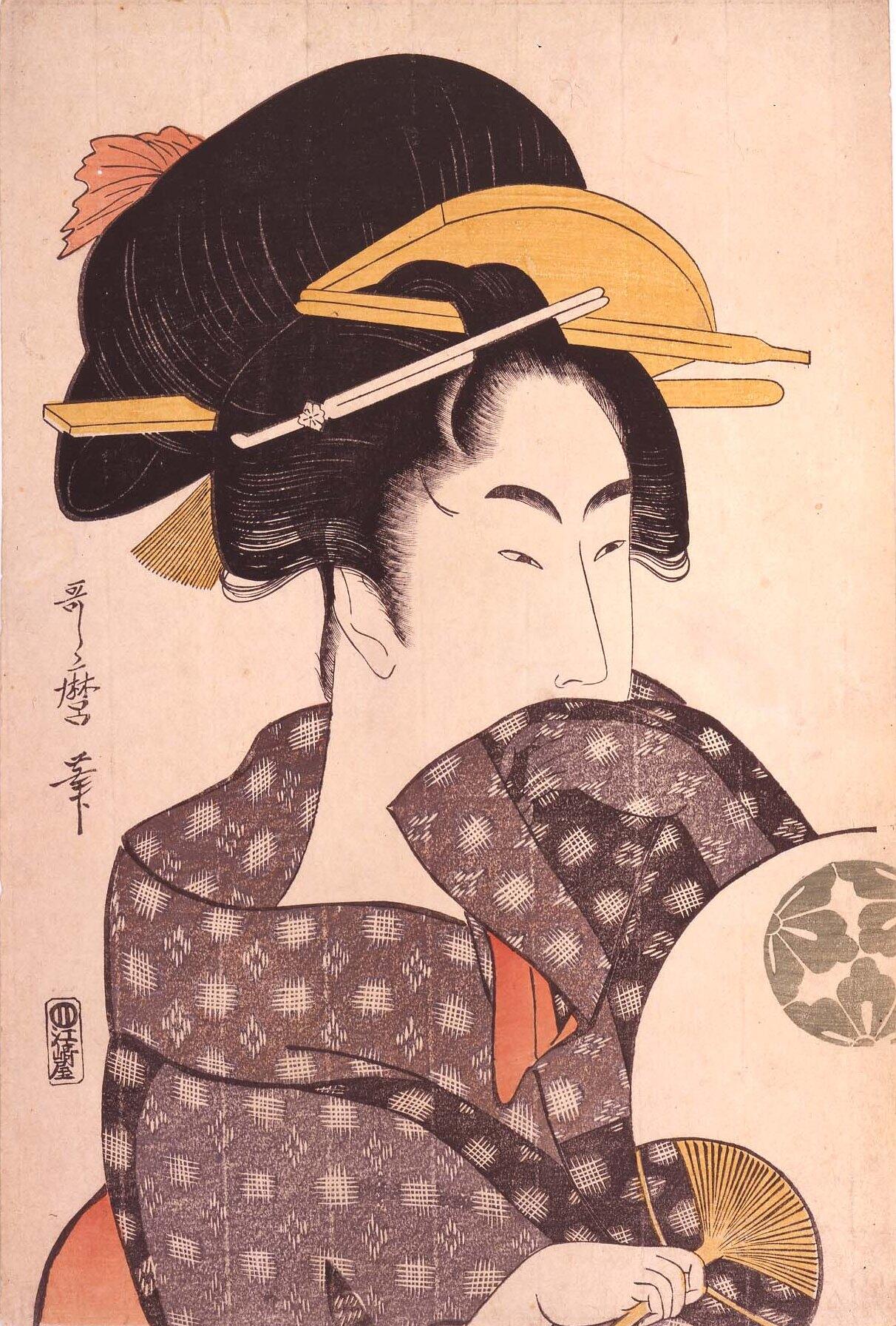 版画（額装入）喜多川歌麿 うちわ美人 【貴重品】浮世絵 積み上げる