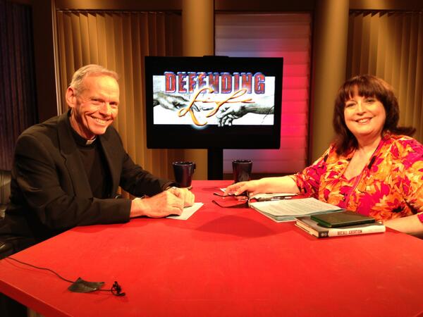 frfrankpavone's tweet image. Fr. Denis Wilde and @JanetMorana on the set of #DefendingLife at #EWTN