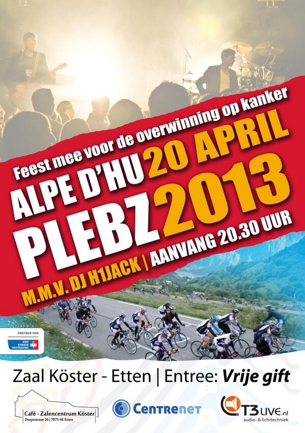 plebzband's tweet photo. Zaterdag 20 April bij @ZalencentrumKst is er de Alpe'dHuPlebz Party! Steun met ons het KWF Kankerfonds! Be There! http://t.co/B3wE0KutnU
