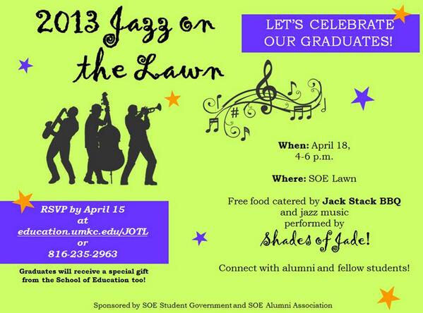 UMKC_SOE's tweet photo. Hey Roos. Get excited for good food, music, and fun! Jazz on the Lawn is next Thursday. http://t.co/6jPODw8edD