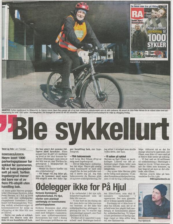 Partiet's tweet photo. I dagens Rogalands Avis, bystyrerepresentant for MDG Stavanger, Torfinn @Ingeborgrud, "sykkellurt"! http://t.co/zctWbeHsJq
