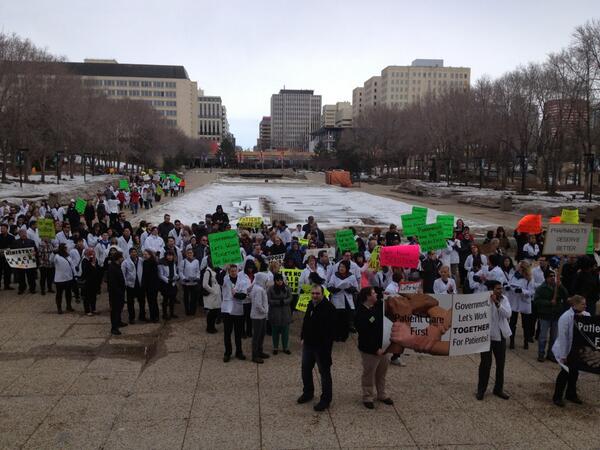 keithgerein's tweet photo. Pharmacists gathering for protest outside #ableg. http://t.co/nCFQC8gmMz