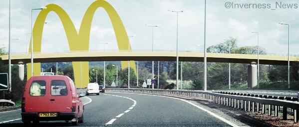 Inverness_News's tweet photo. McDonalds reveal proposal for new sign inspired by the new golden bridge. http://t.co/PiXiZ5yXBN