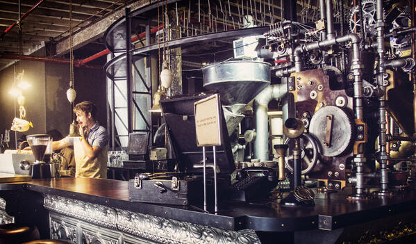 warrenbernard's tweet photo. Caffeine vs Steampunk.Amazing coffee and an amazing venue at @TRUTHcoffee http://t.co/fZvEmdtVUI