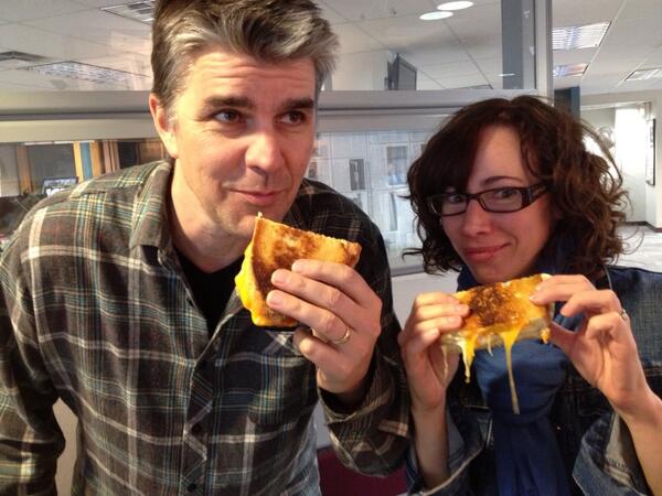 AngelaKnightCBC's tweet photo. Talk about cheesy goodness @graydio1 &amp; Jennifer Keene about to take a bite @cbceyeopener http://t.co/bGqmNp5LVs