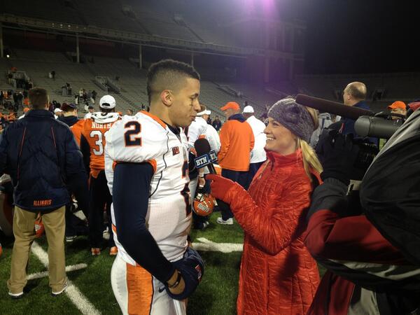 IlliniFootball's tweet photo. #Illini spring offensive MVP @Scheelhaase2 talks with BTN's @karalentz after leading the Blue team to victory. http://t.co/YCyFL7r4X9