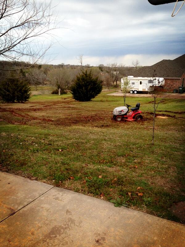 OnlyInOklahoma's tweet photo. Only in Oklahoma can you wakeup and find a riding mower stuck in the mud with you yard torn up behind it.. http://t.co/zthXpLu7pj