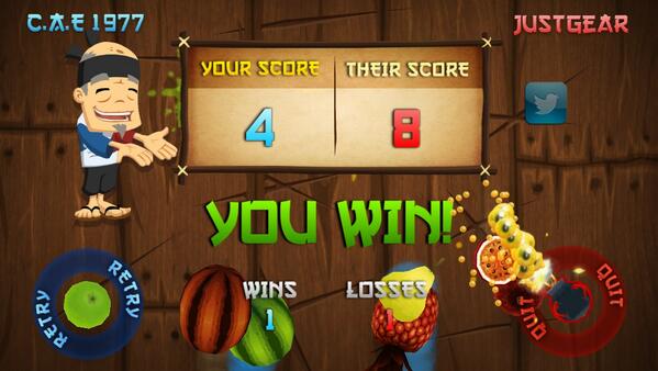 memebo1's tweet photo. I just lost to justgear in Fruit Ninja Multiplayer; 4 to  http://t.co/jvldWogaCI http://t.co/e0tsY4bgfI