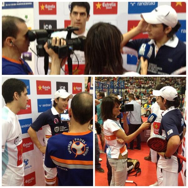 Padelgood's tweet photo. Los semifinalistas, @sanyogutierrez y @Maxisanchez06 atendiendo a @Worldpadeltv #WPTMurcia http://t.co/5PKjEthTCe