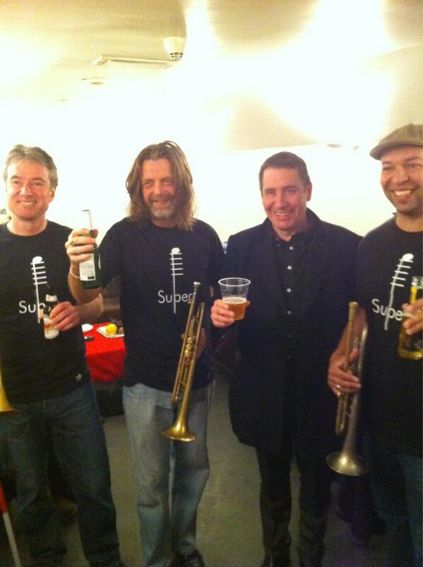 JoolsBand's tweet photo. At the Paradiso Amsterdam - the trumpet section paying homage to the late great Derek Watkins http://t.co/jZ0GjSA0HK