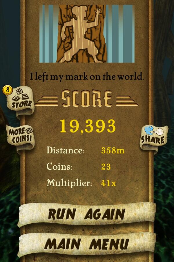 bhavishna's tweet photo. I got 19,393 points while escaping from demon monkeys. Beat that! http://t.co/1nk6llWc70 #TempleRunnn http://t.co/ecl954INJC