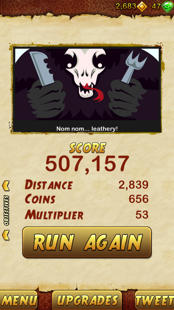 MayOrtaleza's tweet photo. I got 507157 points while escaping from a Giant Demon Monkey. Beat that! http://t.co/emwVBJF0qm http://t.co/beSCi477Wm