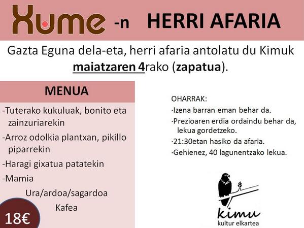 xumeht's tweet photo. Gazta Egunaren bezperan (mai 4),afari goxo-goxoa Xumen! 40 laguntzako, aldez aurretik izena eman behar da. Zatoz! http://t.co/tMcEwfPSwM
