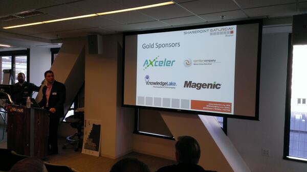 talbott's tweet image. #spsbos gold sponsor @Axceler @JohnSantarelli at @SPSBoston keynote