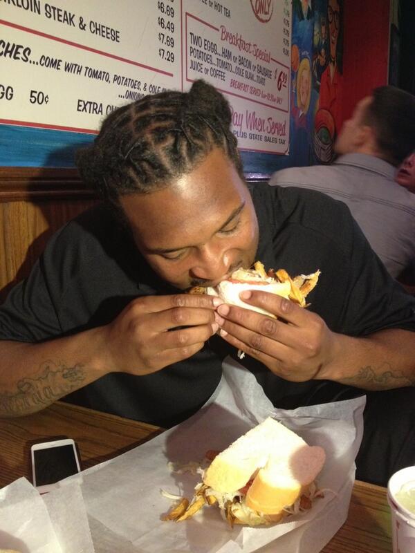 steelers's tweet photo. Well @SacManJones_29 is officially a Pittsburgher. His first @primantibros sandwich. http://t.co/Uf44nMtIo2