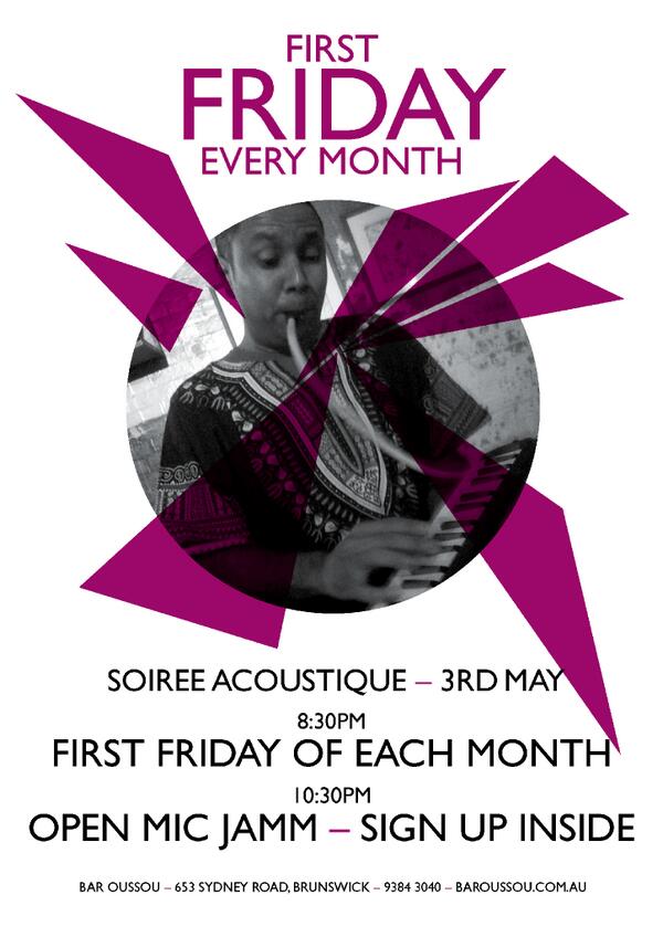 BarOussou's tweet photo. Next Friday May 3rd is our monthly soiree! A big night with lots of people &amp; live music with an international flavour http://t.co/geRFG441Q8