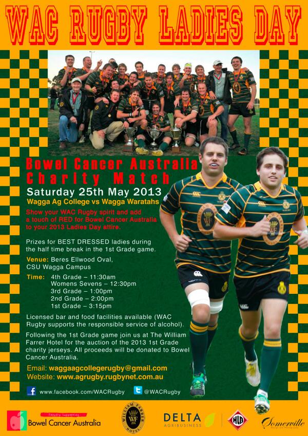 2013 Ladies Day / <a href="/BowelCancerAust/">BowelCancerAustralia</a> Charity Match Poster
#Aggies2013 #SIRU2013 #MakingADifference