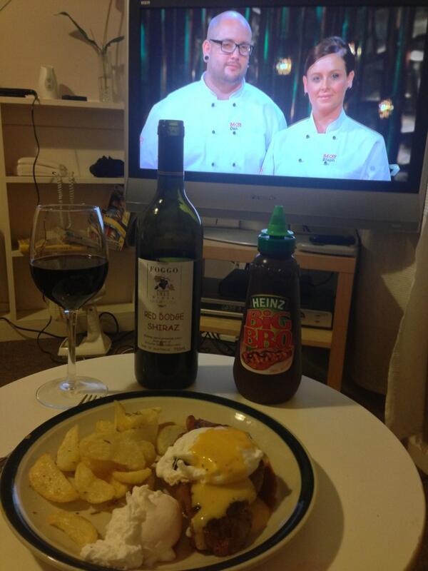 KDex's tweet photo. Lets go Dan and Steph!!

Dinner in your honour tonight.

Steak, egg and chips with a local Shiraz #mkrfinale http://t.co/1tJIuGvQe3