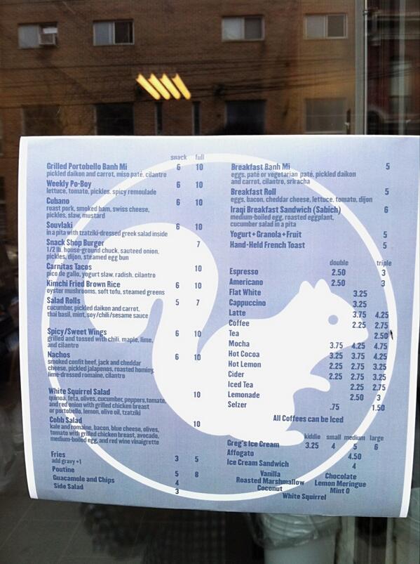Menu at the just opened White Squirrel Snack Shop at 507 Queen West.