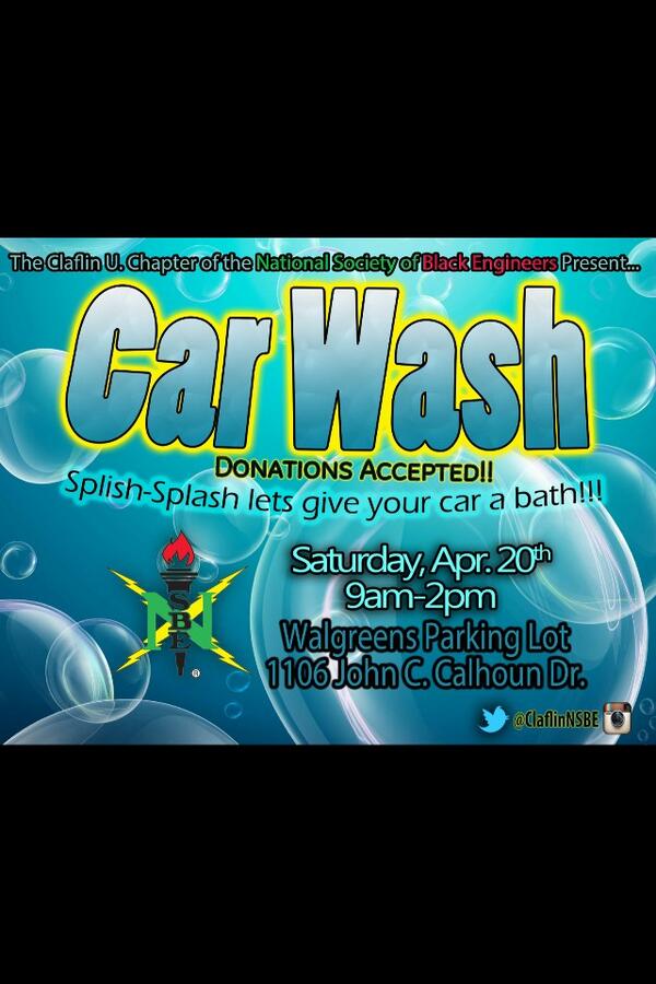 ClaflinNSBE's tweet photo. @ClaflinSAB NSBE Free Car Wash Saturday Walgreens http://t.co/QpXOXjHK0i