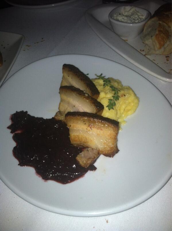 RussellOnSteak's tweet photo. Pork Belly with A dark cherry and roasted garlic chutney and goat cheese grits at Flemings In Beverly Hills. http://t.co/WjxoOFo4hE