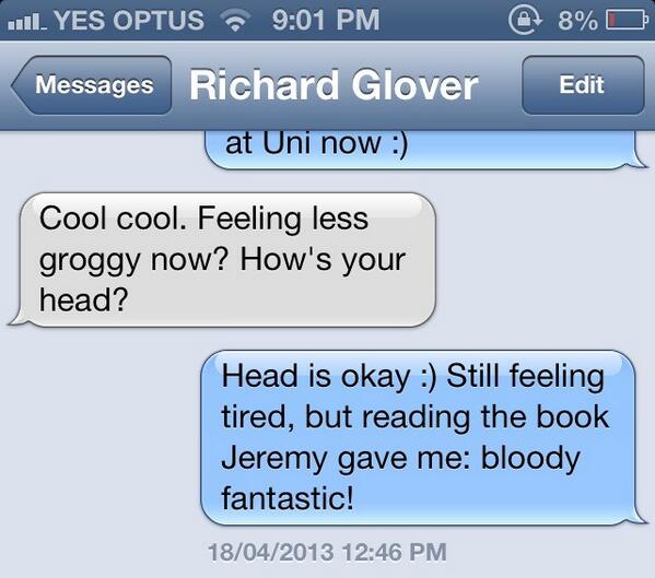 am_glover's tweet photo. @jezzsmith @bethanydownes I started reading this week! Check this text convo today: http://t.co/KrqLwfPNy6