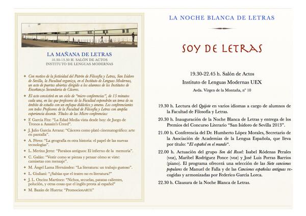 EL DÍA DE LETRAS EN CÁCERES (26/4/2013) Instituto de Lenguas Modernas UEX. Avda. de la Montaña, 14 CÁCERES. PROGRAMA