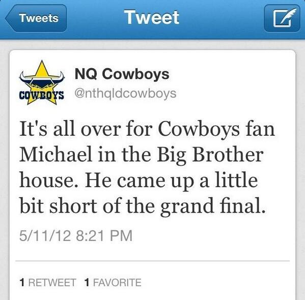@mickyb273 
Did u ever see this tweet the Cowboys sent when u were evicted ??

#loveNRL