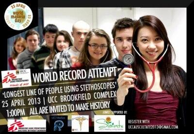 MSF_ireland's tweet photo. Tomorrow @uccfomsf aim to set a Stethoscope World Record.Anyone in #Cork come along &amp; join in!  @UCC http://t.co/iWbXifA99E #WorldMalariaDay