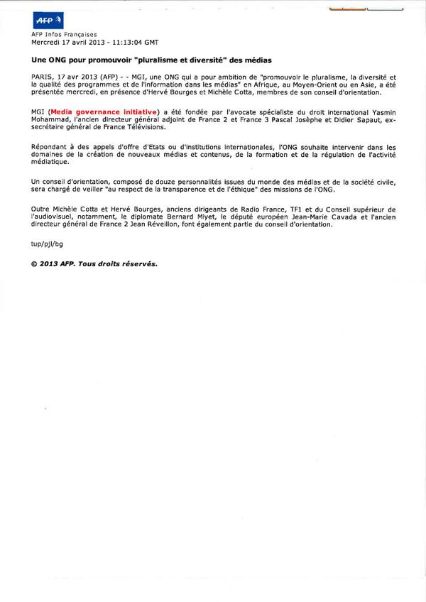MG_Initiative's tweet photo. Dépêche AFP à propos de MGI, "Une ONG pour promouvoir le pluralisme et la diversité des médias" http://t.co/dDpvOxIZ59