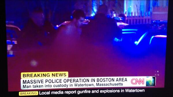 BobCuatro's tweet photo. @EliHolland #watertown uninjured, arrested and in custody now dead! #manhunt #DzhokharTsarnaev http://t.co/r8AzXjNsss