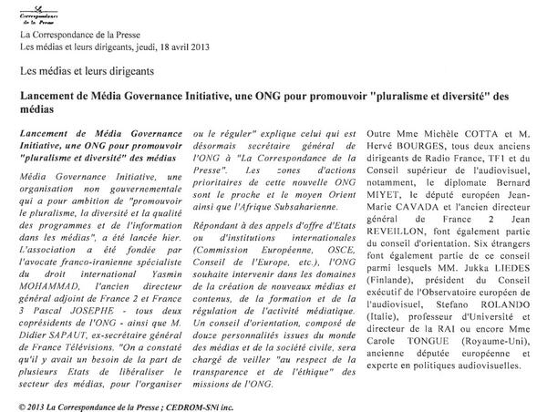 MG_Initiative's tweet photo. Lancement de MGI annoncé aussi dans La Correspondance de la Presse http://t.co/sj0ouzZS2K