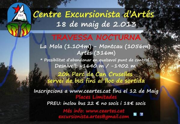 artes_cea's tweet photo. II TRAVESSA NOCTURNA d'ARTÉS,
Del cim de la Mola a Artés, 46,5km
18 de maig
Mes info: http://t.co/FrxYXgCMc9 http://t.co/nZkglJj2s1