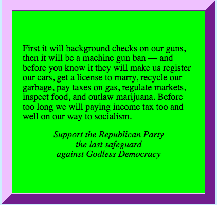 ChrlesBernstein's tweet photo. Support the Republican Party / the last safeguard / against Godless Democracy [gun control placard] http://t.co/ZUkhrmYnp4