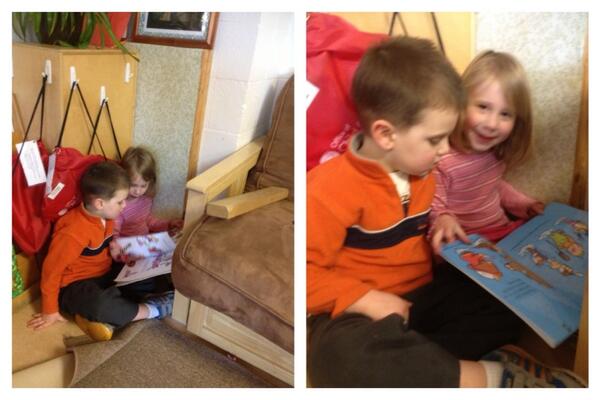 jacksonlanders's tweet photo. Jack and Elise were huddled in the corner "reading" books when Dad came in to pick him up. http://t.co/d83smddQji