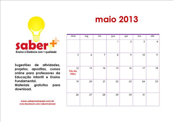 Calendário de Maio para você imprimir