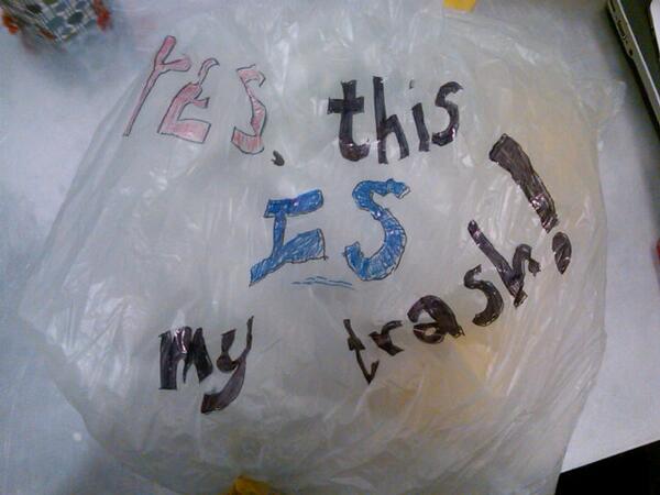 precautionaryP's tweet photo. #trashonyourback challenge, Step1: make the bag you will carry your trash around in the the next 5 days. http://t.co/goHQVZ4DQ1