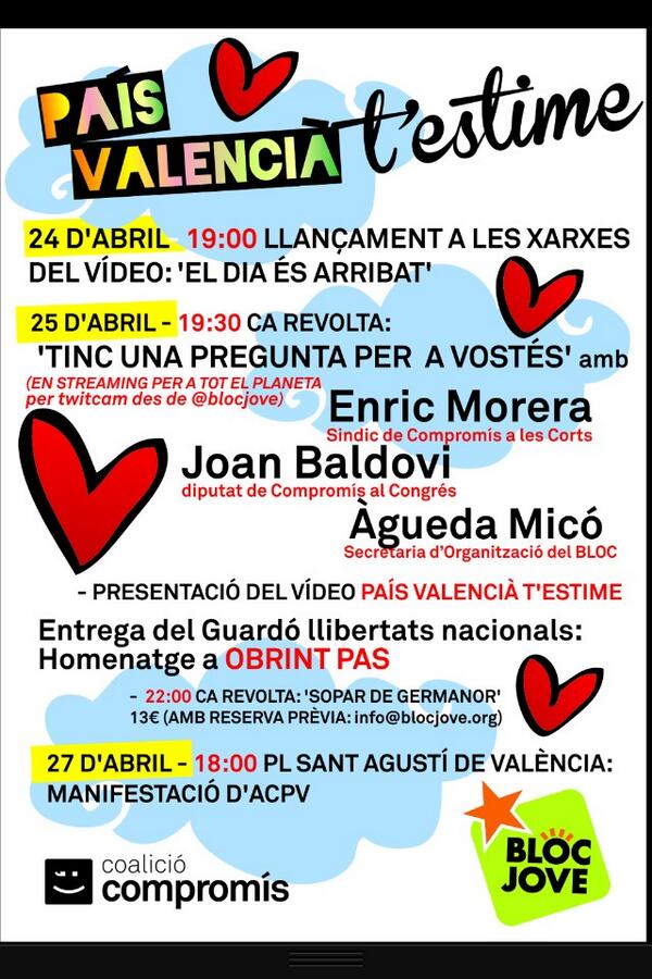 Hui #25abril per #twitcam des de <a href="/blocjove/">Ara som @jovespv</a> tindrem a: <a href="/joanbaldovi/">Joan Baldoví ;)</a> <a href="/enricmorera/">Enric Morera</a> <a href="/aguedamico/">Àgueda Micó Micó</a> #somPaísValencià