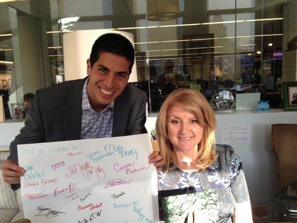 ariannahuff's tweet photo. My Chief of Staff @dank and I thank @YouthBizInc for their wonderful poster and clutch! #JobRaising #RaiseForWomen http://t.co/LLb1fbKHMQ