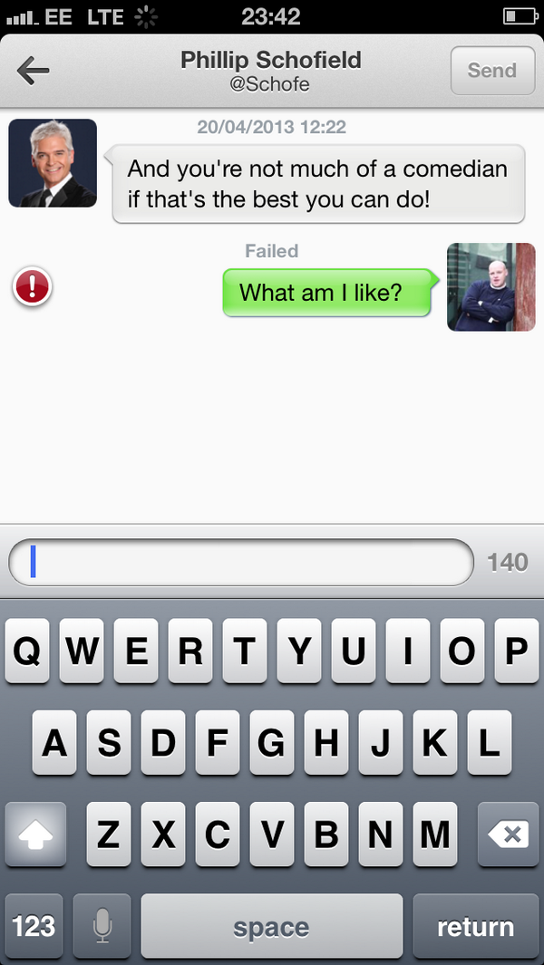 GlenLenSherman's tweet photo. Phillip Schofield giving me feedback on my jokes about him on Twitter. http://t.co/zMLkjokdtU