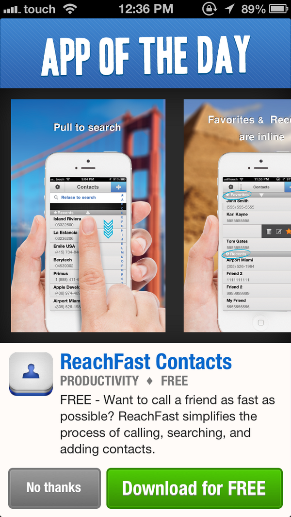 reachfast's tweet photo. Awesome! @reachfast is now the App of the Day via @appsfire download it now for free: https://t.co/ka7naG0YWu http://t.co/M1PcrCKyOA