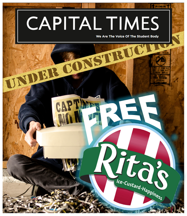TheCapTimes's tweet photo. Pick up the new issue in Stacks and receive your FREE Rita's Italian water ice! TODAY - during Common Hour http://t.co/2aWxsle5kV